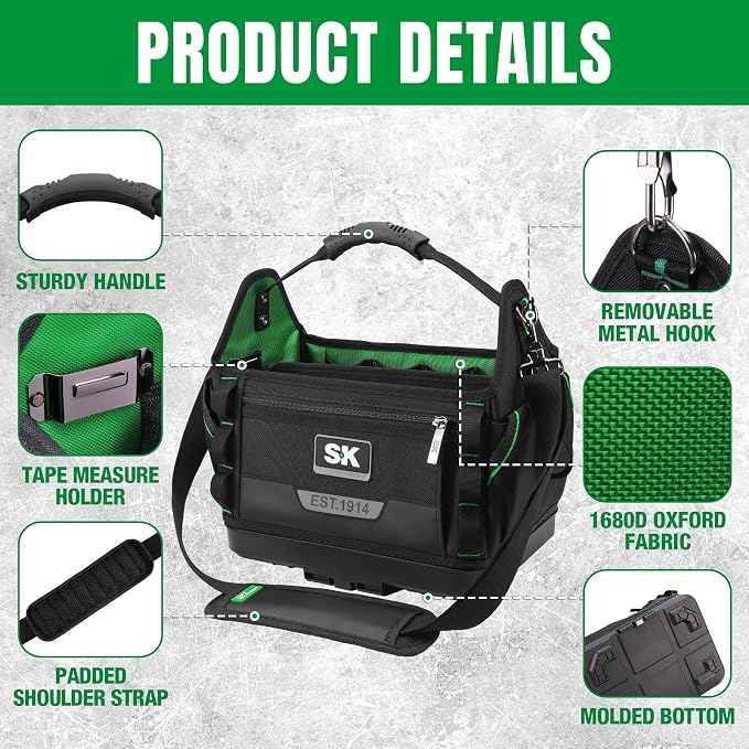 SK 15-Inch Open Top Tool Bag, 1680D Fabric Tool Tote with Waterproof Hard Base, Padded Shoulder Strap & Sturdy Handle, Heavy Duty Stackable Bag Organizer with 28 Pockets, 12 Webbing Loops