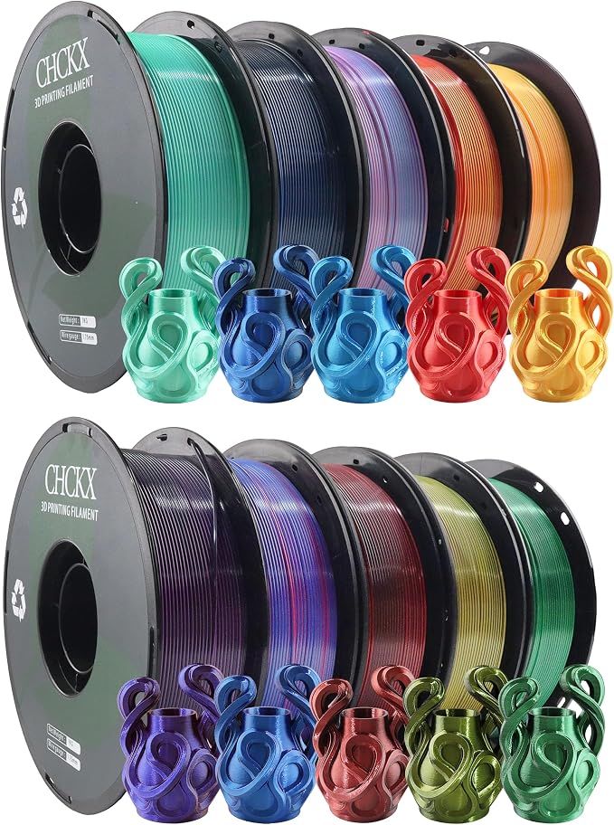 10 Pack PLA Filament Bundle, Silk Dual Color PLA Filament 10 Rolls, 1kg Spool(2.2lbs), 1.75 mm, Dimensional Accuracy +/- 0.02mm, 10 Different Dual Colors