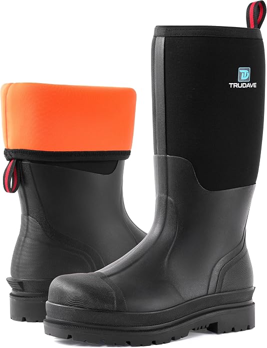 Trudave Rubber Boots for Men, Waterproof Rain Boots with Steel Shank & Reinforced Shell, 5mm Neoprene Insulated Knee Mud Boots for Outdoor Work Hunting Farming Fishing