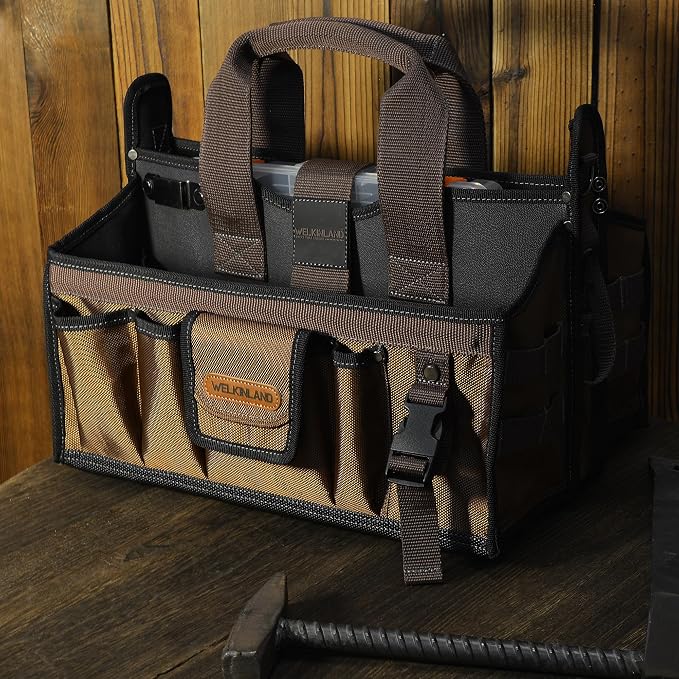 WELKINLAND 20-Pockets Tool Tote Bag, 16" Electrician Tool Bag, Open-Top Tool Bag, Stay-Up HVAC Tools Bag, Brown Tech Tools Bags, HVAC Bag, Tool Tote Bag With Handle