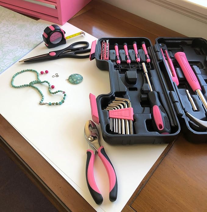 Apollo Tools Original 39 Piece General Household Tool Set in Toolbox Storage Case with Essential Hand Tools for Everyday Home Repairs, DIY and Crafts - Pink Ribbon - DT9706P