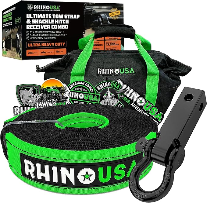 Rhino USA Heavy-Duty Recovery Gear Combos Off-Road Truck Vehicle Recovery, Best Offroad Towing Accessories (30' Strap + Shackle Hitch)