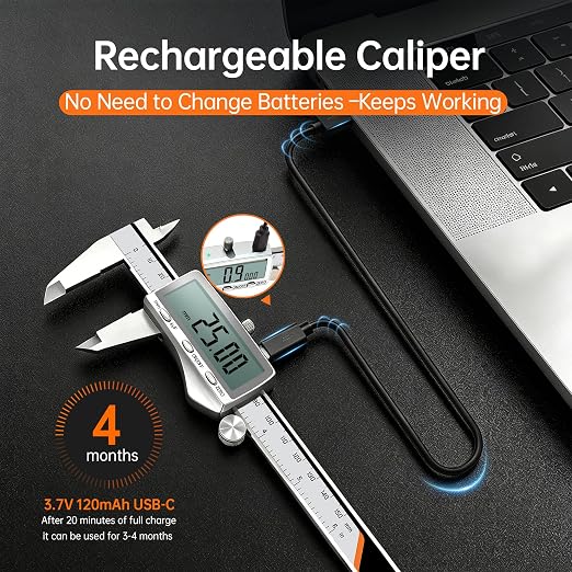 HARDELL Digital Caliper 8"/200mm, Rechargeable Stainless Steel Micrometer, Large LCD Inch/MM/Fraction, Auto-Off, Electronic Measuring Tool for Machinist Woodworking 3D Printing DIY Household