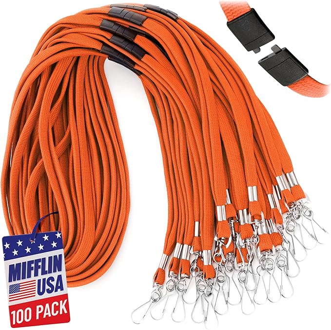 MIFFLIN-USA Flat Breakaway Safety Lanyard for ID Badges (Orange, 36 Inch, 100 Pack), Soft Woven Neck Line