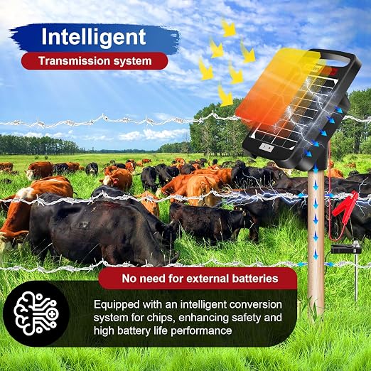 5 Miles Solar Powered Electric Fence Charger – 0.11J Output, 24/7 Day/Night Protection, Portable Fence Energizer for Dogs, Chickens, Garden & Livestock, Rechargeable Solar Panel, Rugged & Waterproof