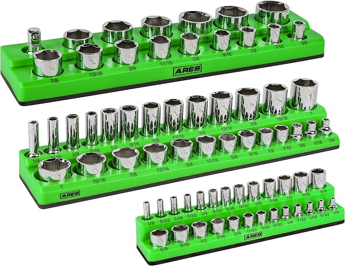 ARES 60037-3-Piece SAE Magnetic Socket Organizers Set - GREEN - Includes 1/4 in, 3/8 in, 1/2 in Socket Holders - Holds 68 Standard (Shallow) and Deep Sockets - Also Available in RED