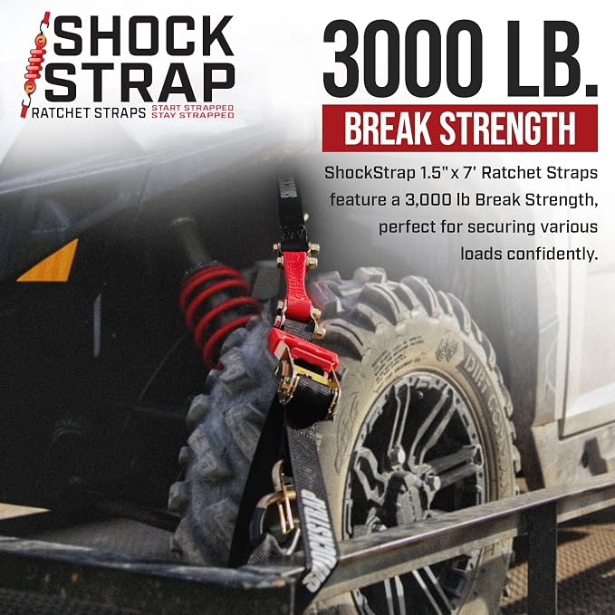 SHOCKSTRAP Ratchet Strap, 7’ x 1.5" Shock Absorbing Heavy Duty Tie downs for Cargo, 1,000 LB WLL / 3,000 LB Break Strength, 4-Pack