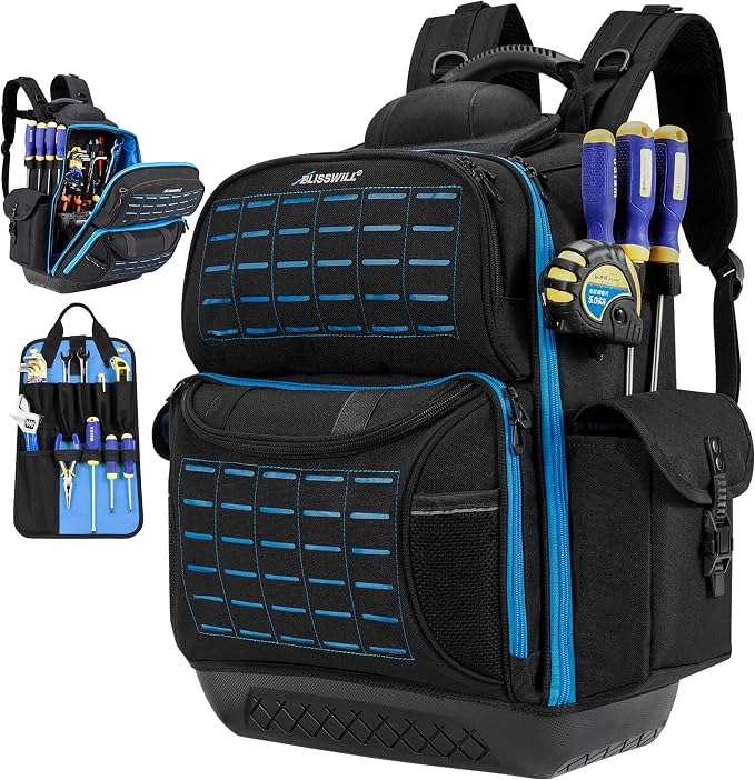 BLISSWILL Tool Bag Backpack for men,Heavy Duty Tool Backpack Bag with Waterproof Molded Base，62 Pockets/40 Loops Heavy Duty Tools Organizer Bags/Electrician/Industrial/Construction Work Backpack