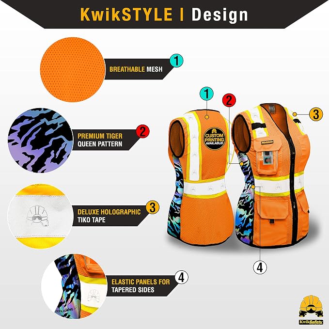 KwikSafety TIGER QUEEN Safety Vest for Women [Orange, Large] + TORTOISE Full Brim Hard Hat Bundle