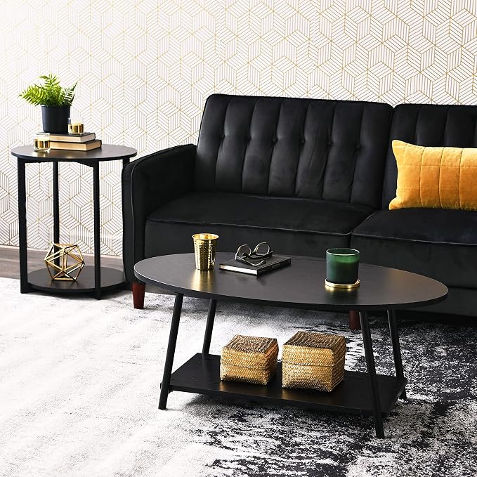 Household Essentials Jamestown Round Side End Table with Storage Shelf Black Oak Wood Grain and Black Metal