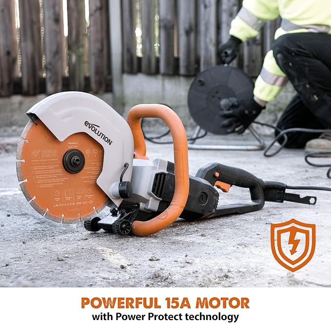 Evolution R255DCT | 10 in. Electric Concrete Saw | Premium Diamond Blade Included | 15A Motor | 4-1/16" Cut Depth | No Gas, No Fumes | Disc Cutter / Power Cutter / Cut-Off Saw | Brick & Masonry