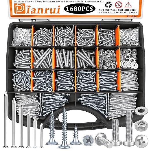 Dianrui 1680 PCS Nails and Screws Assortment Kit & Screw Bolts and Nuts, M3/M4/M5/M6 Machine Screws, Small Nails for Picture Hanging, #6#8 Drywall Screw Set for DIY Repair Project Length 1/2" to 2"