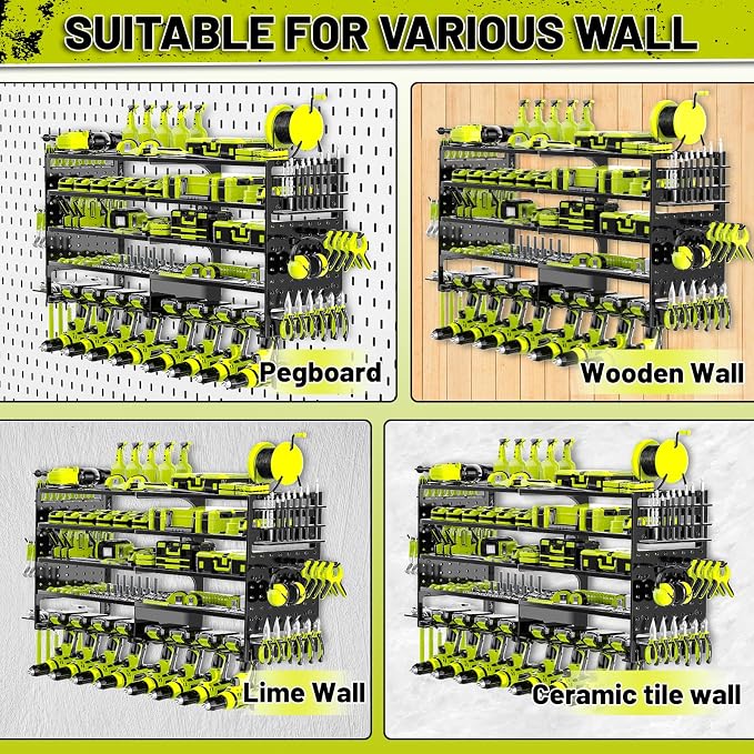 5 Layers Power Tool Organizer Wall Mount, Metal Cordless Tool Hanger Storage Rack Holder with 8 Drill Holders, Heavy Duty Garage Wall Tool Shelf for Workshop Tool Room Shed Pegboard (Black)