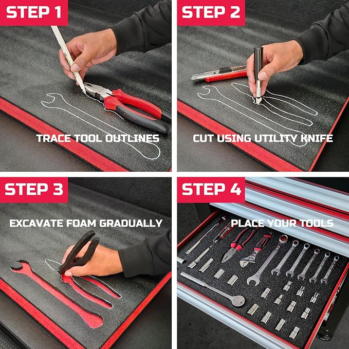 ONREVA Tool Box Foam 48x24x1 inch 3Pack, Foam Inserts for Cases, Polyethylene Storage Sheets for Toolbox Hard Case, Tool Shadow Insert, Kaizen Organizer Sheet, Black with Red