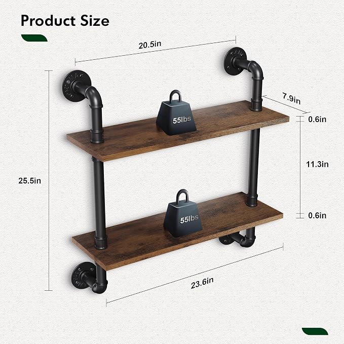Merapi 24" Industrial Pipe Shelves Wall Mounted, 2 Tier Rustic Floating Shelves for Wall, Kitchen Storage Shelves, Coffee Bar Shelf Organizer, Bathroom Wall Shelves, Living Room Wall Decor