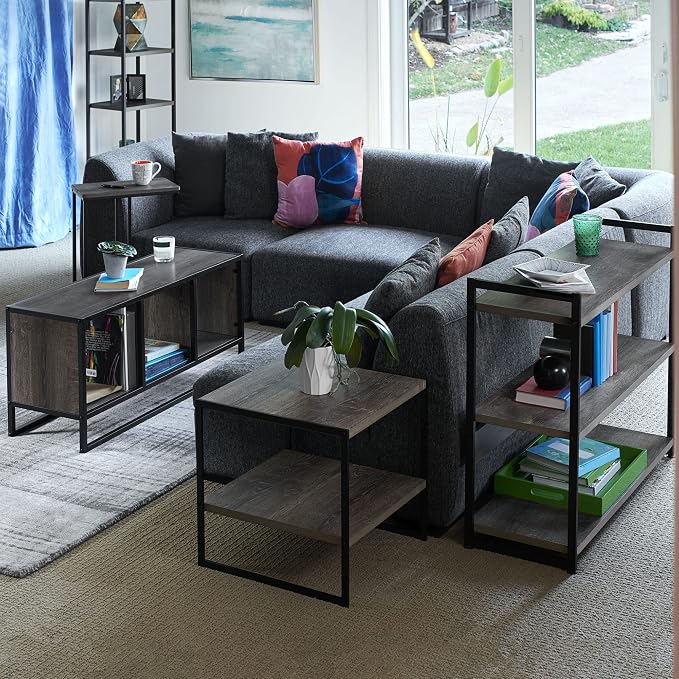 Household Essentials Ashwood & Iron Cube TV Console with Rustic Grain