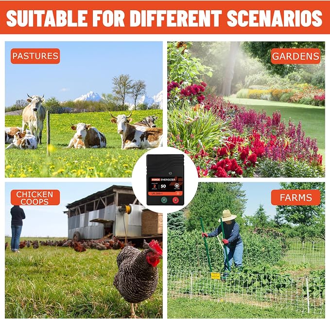 Electric Fence Charger AC Powered 50 Miles 165 Acres, 110 Volt 2 Joule Plug-in Electric Fence Energizer, Output Voltage Max 10 kV for Livestock, Preventing Predators from Intruding