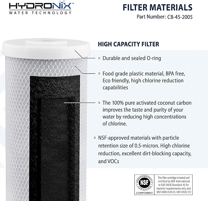 Hydronix CB-45-2005/3 Universal 4.5" x 20” Whole House Water Filter Replacement Cartridge, Commercial & Industrial NSF, Coconut Shell Activated Carbon Block CTO, 5 Micron (3 Pack)