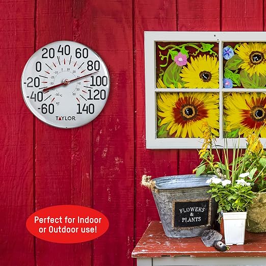 Taylor Metal Wall Indoor Outdoor Thermometer, Wireless Thermometer with Easy to Read Large Numbers for Patio, Pool, and Indoor Areas, 12-inch, White