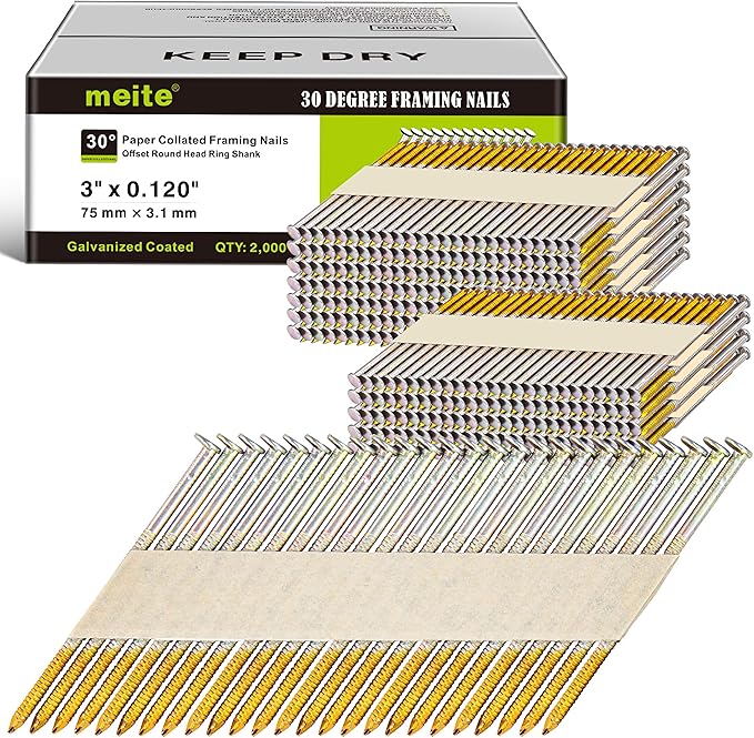 meite 30 Degree Framing Nails 3 Inch x .120 Inch Ring Shank Paper Collated Nails for 30-34 Degree Framing Nailer, Electro-Galvanized Offset Round Head Framing Nails for Sheathing Decking 2,000PCS | Offset Round Head Paper-collated Framing Nails, for 30...