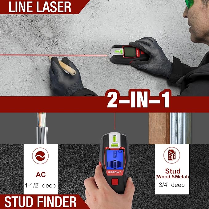 ARROW 2-in-1 Stud Finder with Laser Level, Rechargeable Wall Stud Scanner & Vertical Line Laser for Hanging Frames & Picture, Wood Ac Wire Metal Studs Joist Pipe Detection