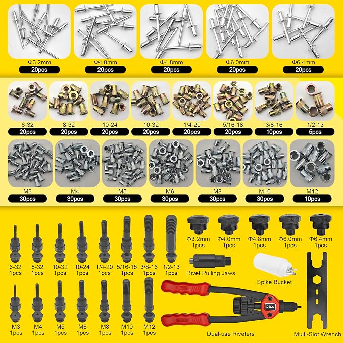 Dual Function Rivet Gun Kit Rivet Nut Tool Including 305 PCS Rivet Nuts 15 Mandrels 100 PCS Blind Rivets 5 Rivet Nozzles, Multi-Purpose