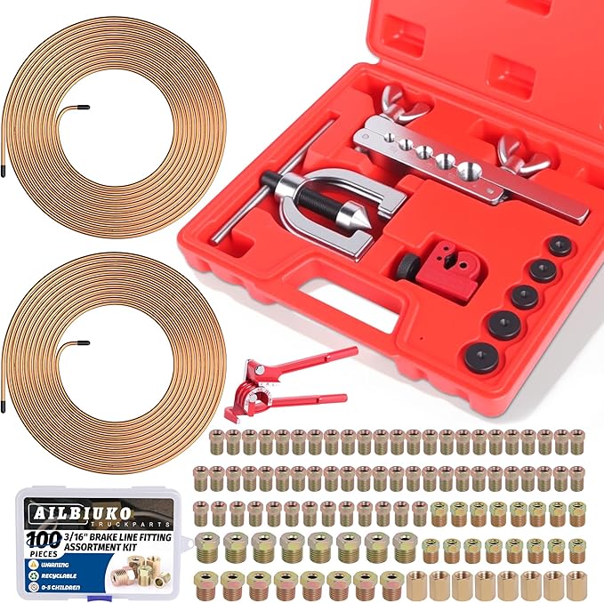 3/16" Brake Line Repair Kit, Double & Single Brake Line Flaring Tool Kit + 2 Set 25ft 3/16 Inch Brake Line with 100 Pcs Fittings(8 Unions Included) + Brake Line Bender