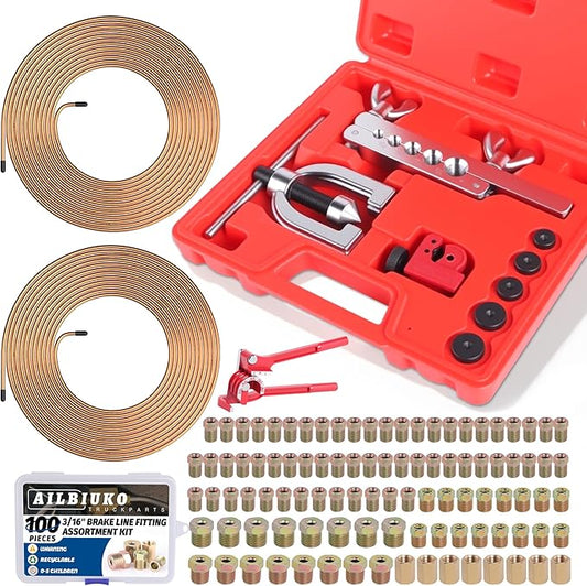 3/16" Brake Line Repair Kit, Double & Single Brake Line Flaring Tool Kit + 2 Set 25ft 3/16 Inch Brake Line with 100 Pcs Fittings(8 Unions Included) + Brake Line Bender