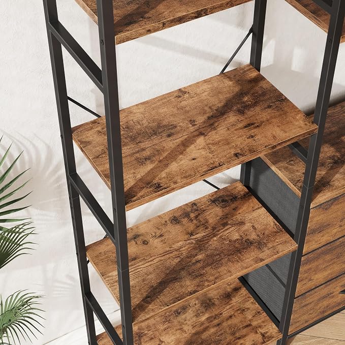 AFLUI Triple Bookshelf with 3 Fabric Drawers, 4-Tier Book Shelf and 10 Display Shelves, Industrial Large Bookcase for Home & Office, Rustic Brown, 47'' Wide