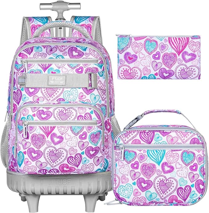 3Pcs Rolling Backpack for Girls Women, Travel Roller Backpacks with Wheels for Adults, Teens College Love Wheeled Bookbag with Lunch Box(Ash Powder)