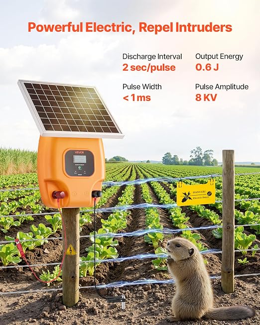 VEVOR Solar Fence Charger, 0.6J 8 kV Solar Powered Fence Charger, Electric Fence Energizer Kit, Keep Out Predators, 4-5 Days Runtime, for Livestock, Poultry, Garden Protection