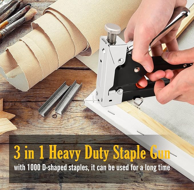Heavy Duty Canvas Pliers and Staple Gun Kit, 4-in-1 Canvas Stretching Tools with Spring Return Handle, Staple Remover, 1000 Staples for Art Oil Painting Framing, DIY Upholstery, Picture Framing