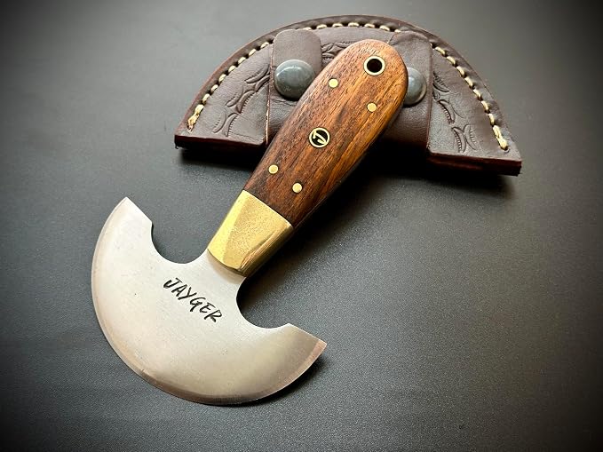 Handmade Round Head Knife | Carbon Steel | Half Moon Leather Working Knife | Wooden Handle | Skiver Knife for DIY Leathercraft | With Leather Sheath