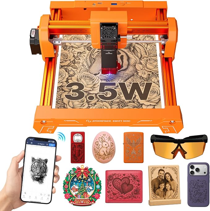 ATOMSTACK Swift 3.5W Laser Engraver Mini, Laser Engraving Machine for Wood Leather Acrylic, Desktop Laser Cutter, Fully Assembled, WiFi & USB, AI Software, 135×145mm Work Area, Orange, 3500mW | More stable during prolonged operation, Larger working area