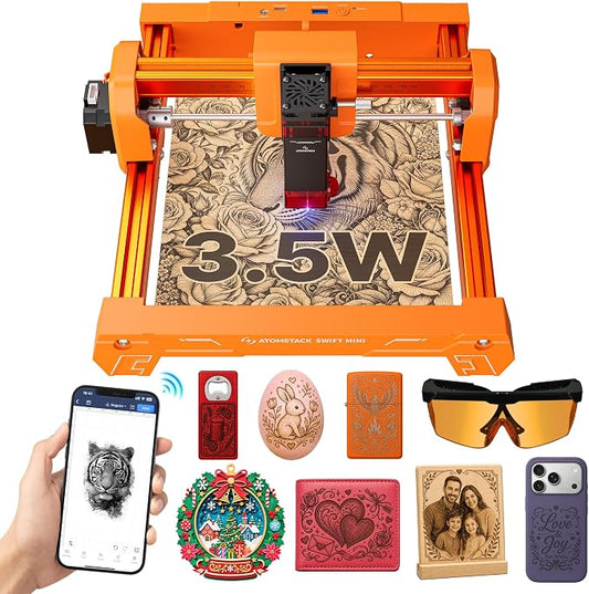 ATOMSTACK Swift 3.5W Laser Engraver Mini, Laser Engraving Machine for Wood Leather Acrylic, Desktop Laser Cutter, Fully Assembled, WiFi & USB, AI Software, 135×145mm Work Area, Orange, 3500mW | More stable during prolonged operation, Larger working area