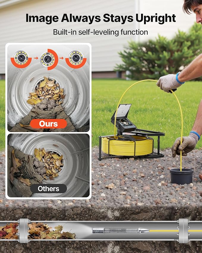 VEVOR Sewer Camera, 164 ft/50m, Self-Leveling Drain Inspection Camera with 4.3" 1080P HD Screen, IP68 Waterproof Snake Plumbing Camera with Lights - 12 LEDs & 16GB Card for Sewer Line Duct Pipe