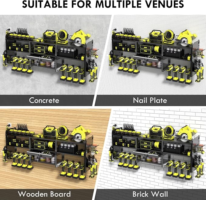 KSVO Large Power Tool Organizer Wall Mount with Locking Drawers, Grinder Holder, Hammer & Pliers Rack, & 6-Outlet Charging Shelf – Heavy Duty Metal Tool Storage for Garage & Workshop (black-new)