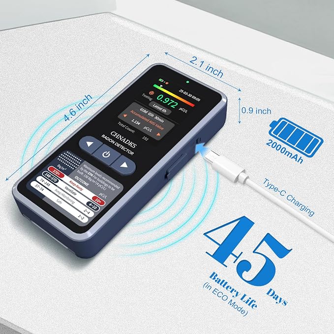 RM-66 Radon Detector for Home, Portable Radon Monitor with TFT Color Display, Audible & Visual Alarm, Easy-to-Use, Rechargeable Type-C, Long-Term Monitoring in pCi/L or Bq/m³