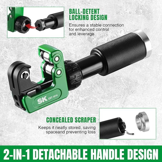 SK 2-Piece Tube Cutter Set, 1/4"–1 1/4" OD Pipe Cutter with Detachable Extension Handle & Concealed Deburring Scraper, 52100 Bearing Steel Blade for Copper, Aluminum and PVC Tube