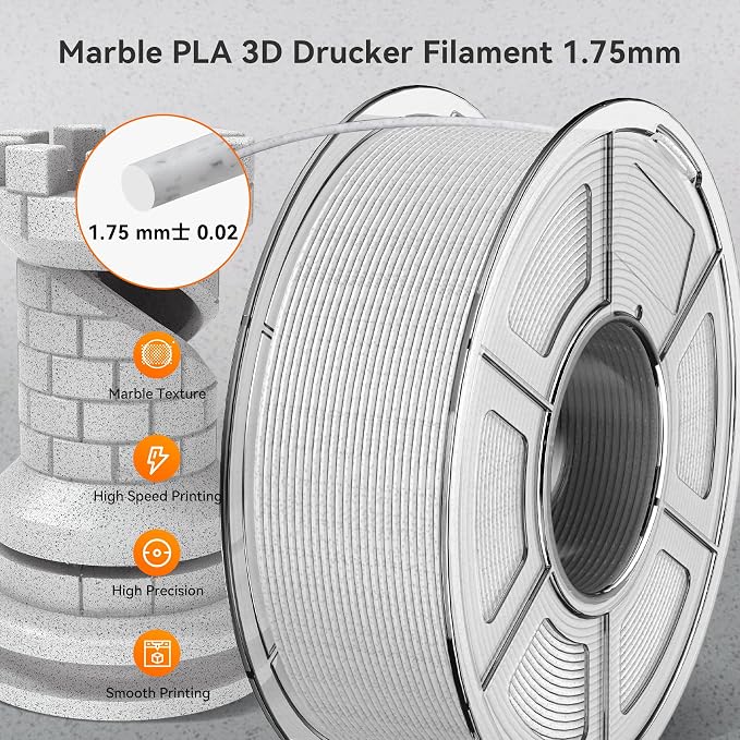 TECBEARS Rapid Marble PLA Filament, PLA 3D Printer Filament for 600mm/s High-Speed Printing, Natural Rock-Like Texture, Fits Most FDM Printers，Marble White