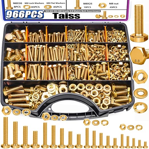 Taiss 966pcs Grade 8.8 Metric Bolt Assortment,Metric Bolts and Nuts Assortment,Bolt Kit M4 M5 M6 M8(12-30mm) Heavy Duty Hex Bolts and Nuts Kit Flat/Lock Washer Yellow Zinc Plated,with Handheld Box