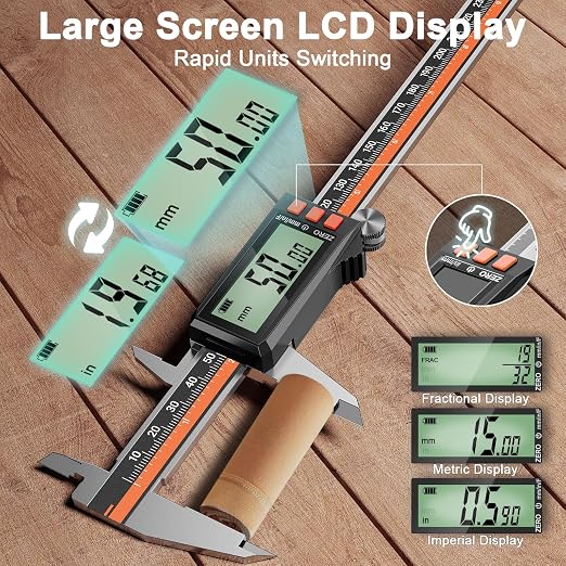 Preciva Digital Caliper 12", Rechargeable Stainless Steel Micrometer | Type-C charging, durable steel body, large LCD with auto-off saves power, in/mm/frac, for 3D-printing machining woodworking