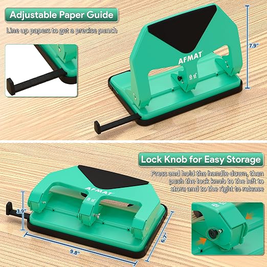 AFMAT Heavy Duty 3 Hole Punch, 50-Sheet Capacity, 50% Reduced Effort Three Hole Puncher for Binder, 10K+ Uses, Large Chip Tray, Adjustable Paper Guide, Office Metal Paper Puncher 3 Ring HP20(Green)