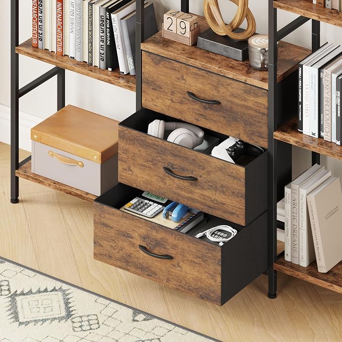 AFLUI Triple Bookshelf with 3 Fabric Drawers, 6-Tier Book Shelf and 10 Display Shelves, Industrial Large Bookcase for Home & Office, Rustic Brown, 47'' Wide