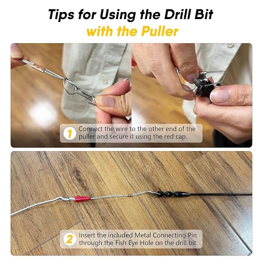 58" Flexible Installer Drill Bit for Pulling Wires in Walls, Ceilings, and Sidewalks, 3/4" Auger with Screw Point & Fish Eye, 1/4" 3-Flat Shank for Wood & Conduits, with Wire Puller & Storage Tube