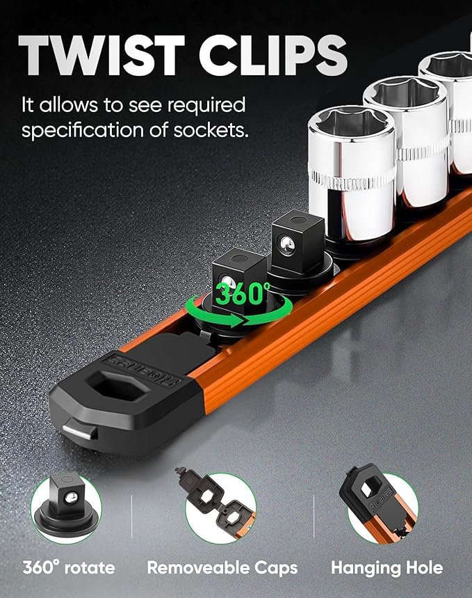 ALOANES Magnetic Socket Organizer Set, 3-Piece Heavy Duty Aluminum Socket Rails, 360° Swivel Clips Socket Rail Kit for Tool Tray Drawer Fit 1/2, 3/8, 1/4-Inch x 40 Clips (Orange, 3PC)