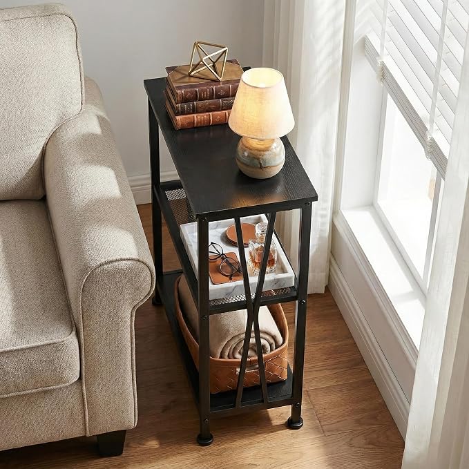 Narrow Side Table,3-Tier End Table With Storage Shelves,Small Hallway Table, Industrial Accent Table With Metal Frame Slim Nightstand Sofa Side Table for Small Spaces,Living Room, Bedroom,Black