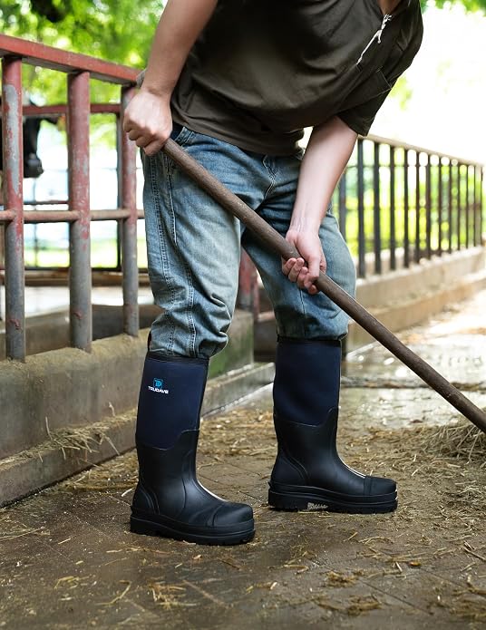 Trudave Rubber Boots for Men, Waterproof Rain Boots with Steel Shank & Reinforced Shell, 5mm Neoprene Insulated Knee Mud Boots for Outdoor Work Hunting Farming Fishing