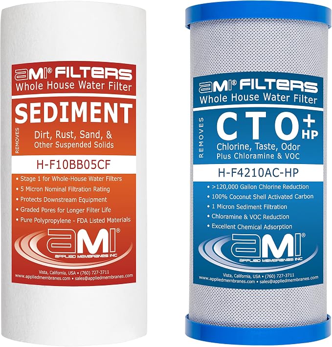 APPLIED MEMBRANES INC. Whole House Water Filter Replacement Filter Cartridge Set | 2 Stage 4.5” x 10” Sediment and Carbon Block Filters | Fits 10-inch Housings