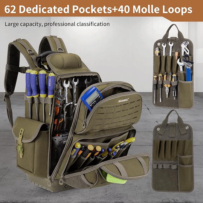 BLISSWILL Tool Bag Backpack for men,Heavy Duty Tool Backpack Bag with Waterproof Molded Base，62 Pockets/40 Loops Heavy Duty Tools Organizer Bags/Electrician/Industrial/Construction Work Backpack